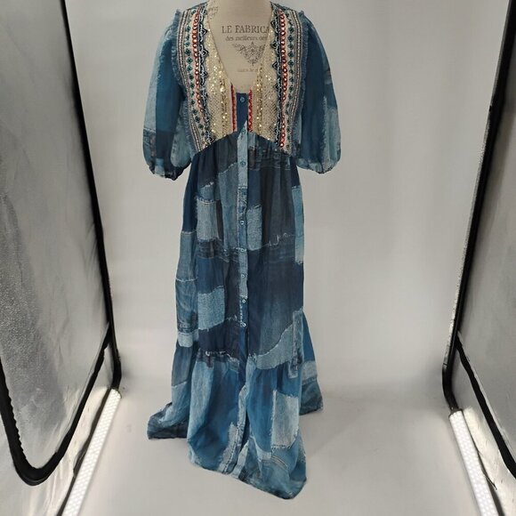LONG DRESS WITH THREE QUARTER SLEEVES IMITATION DENIM PATCHES WITH SEQUIN - Picture 13 of 13